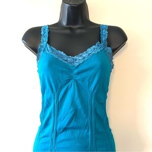 Y2K lace trim tank top long babydoll One Size stretch turquoise